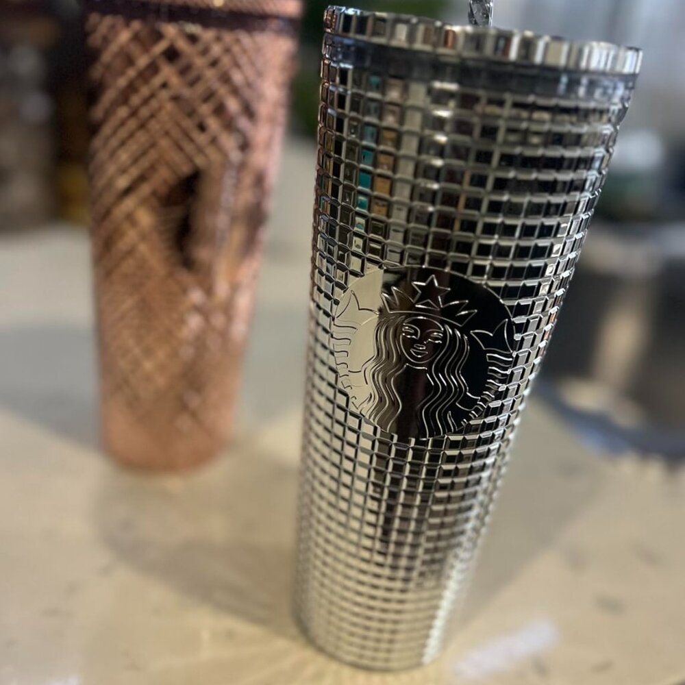Starbucks 2023 Holiday Silver Chrome Grid Tumbler 24oz Venti Size